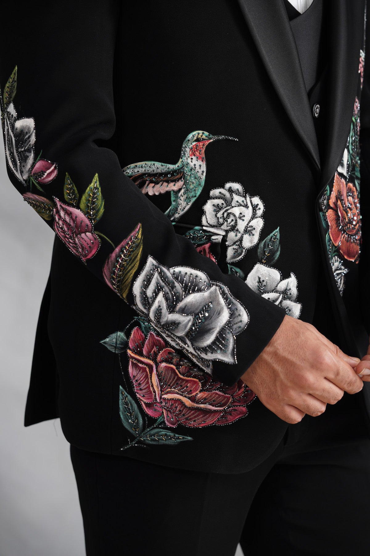 Black Tuxedo with Botanical Rose & Avian Hand Painting
