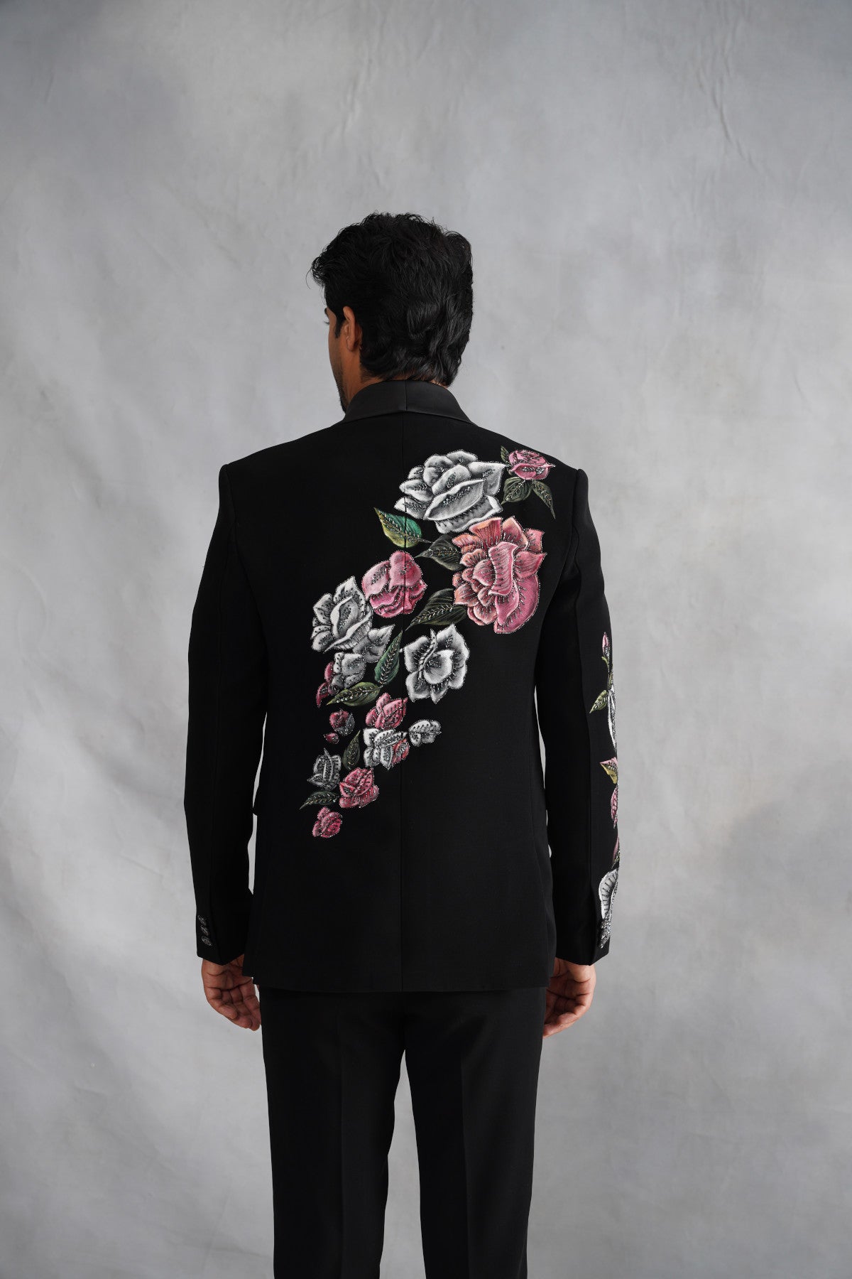 Black Tuxedo with Botanical Rose & Avian Hand Painting