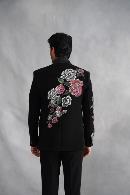 Black Tuxedo with Botanical Rose & Avian Hand Painting