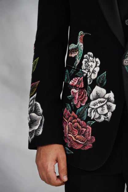 Black Tuxedo with Botanical Rose & Avian Hand Painting
