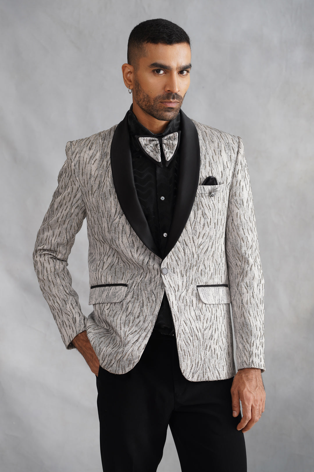 Grey Hand Embroidered Tuxedo on Italian Fabric
