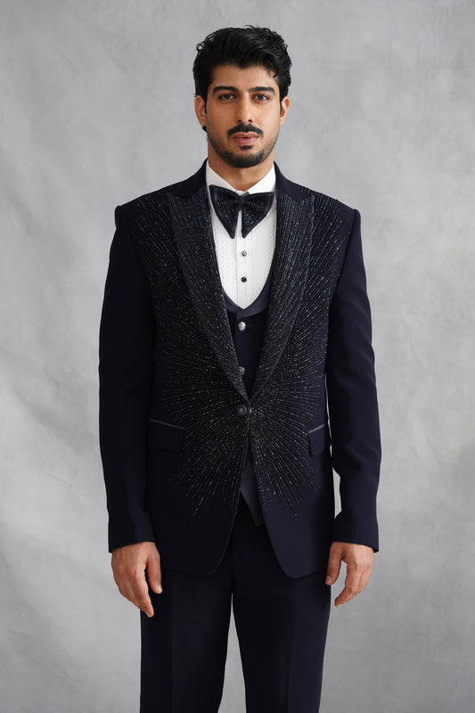 Navy Blue Hand Embroidered Tuxedo on Italian Fabric