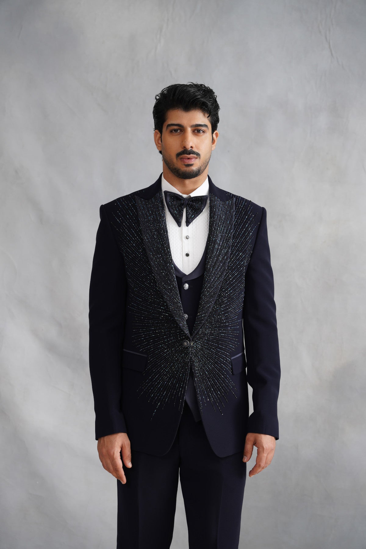 Navy Blue Tuxedo with Radiating Linear Work