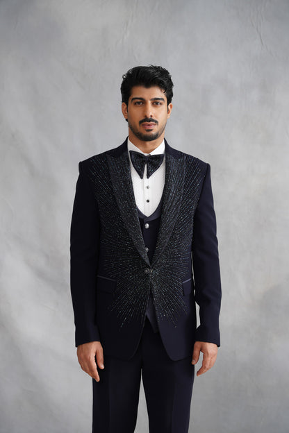Navy Blue Tuxedo with Radiating Linear Work
