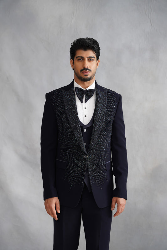 Navy Blue Hand Embroidered Tuxedo Set on Italian Fabric