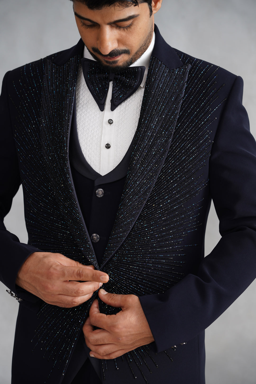 Navy Blue Hand Embroidered Tuxedo on Italian Fabric
