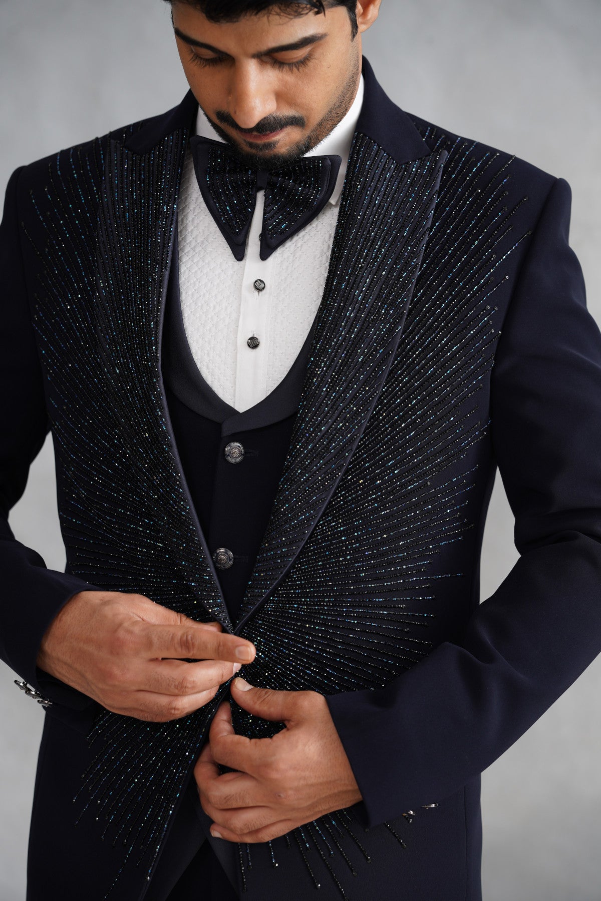 Navy Blue Tuxedo with Radiating Linear Work