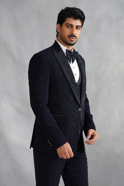 Navy Blue Hand Embroidered Tuxedo on Italian Fabric