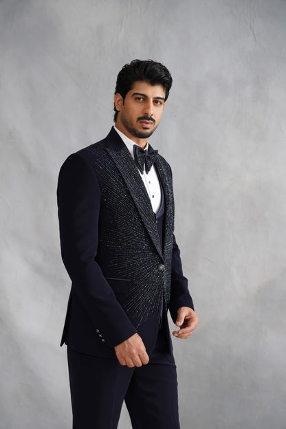 Navy Blue Tuxedo with Radiating Linear Work