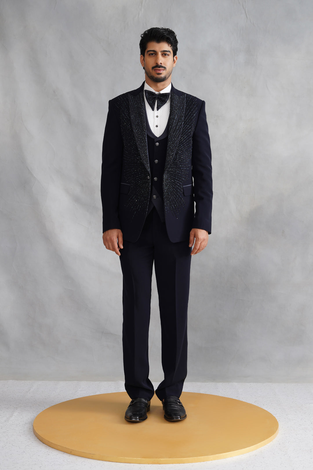 Navy Blue Hand Embroidered Tuxedo on Italian Fabric