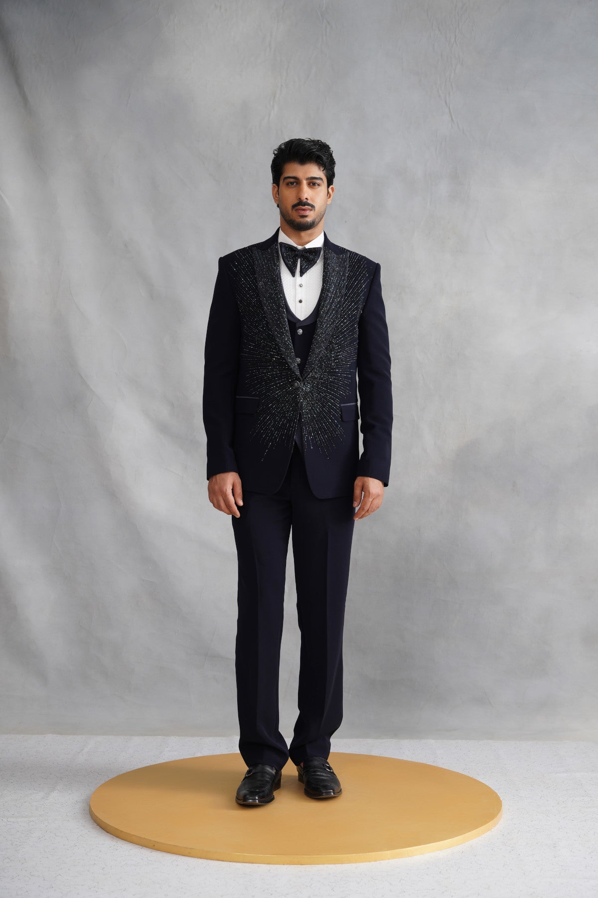 Navy Blue Tuxedo with Radiating Linear Work