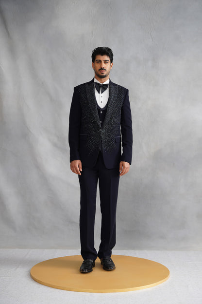 Navy Blue Tuxedo with Radiating Linear Work