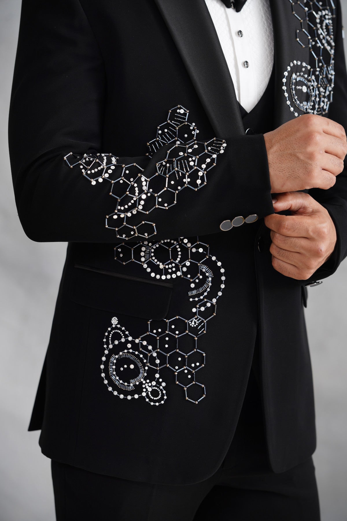 Black Tuxedo with Geometric Hexagon & Abstract Beadwork