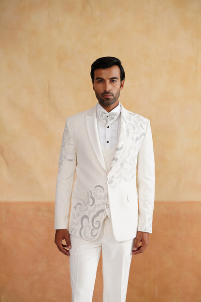 Ivory Tuxedo with Silver Swirling Filigree Embroidery