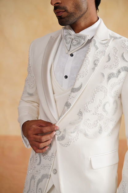 Ivory Tuxedo with Silver Swirling Filigree Embroidery