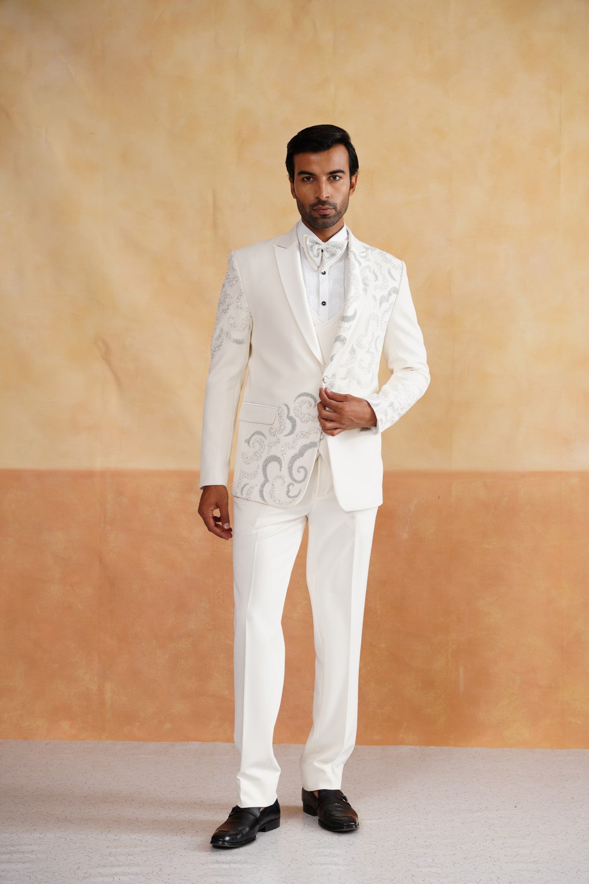 Ivory Tuxedo with Silver Swirling Filigree Embroidery