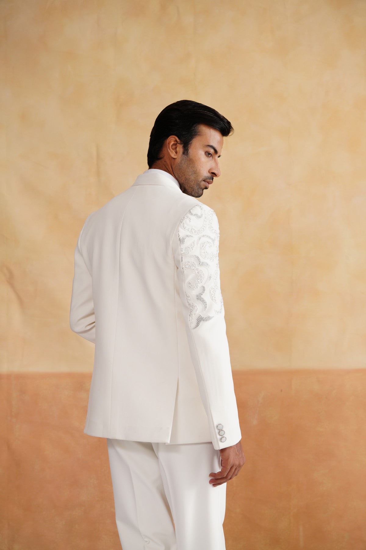 Ivory Tuxedo with Silver Swirling Filigree Embroidery