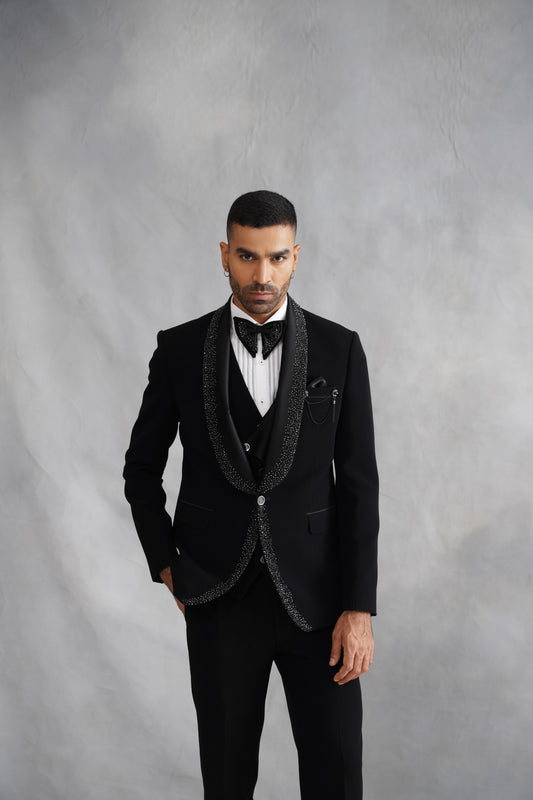 Black Hand Embroidered Tuxedo on Italian Fabric