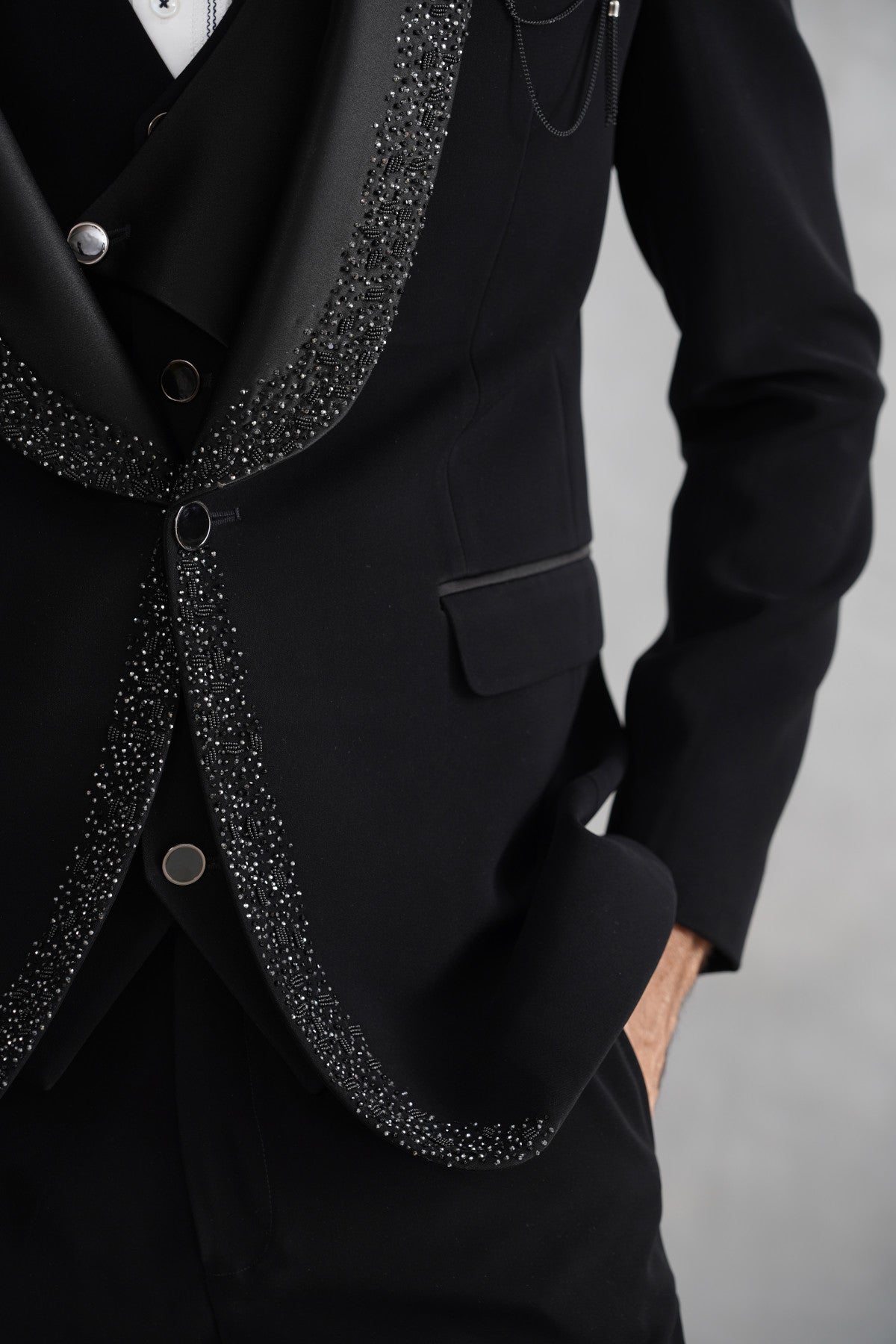 Black Tuxedo with Crystal-Embellished Lapel