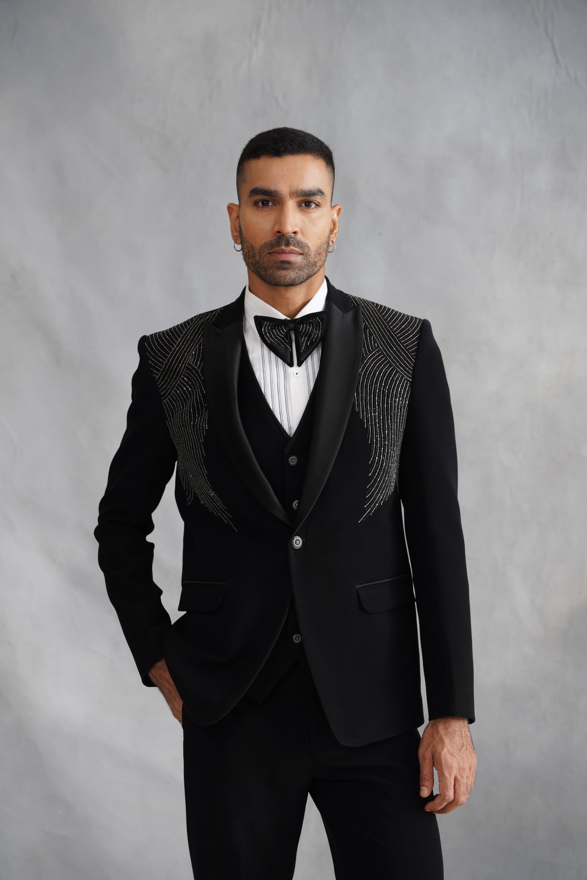 Black Hand Embroidered Tuxedo on Suiting Fabric