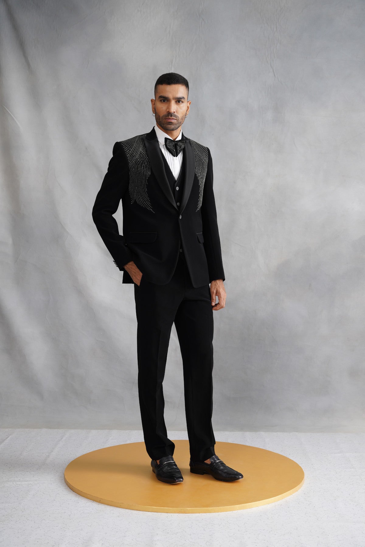 Black Hand Embroidered Tuxedo on Suiting Fabric