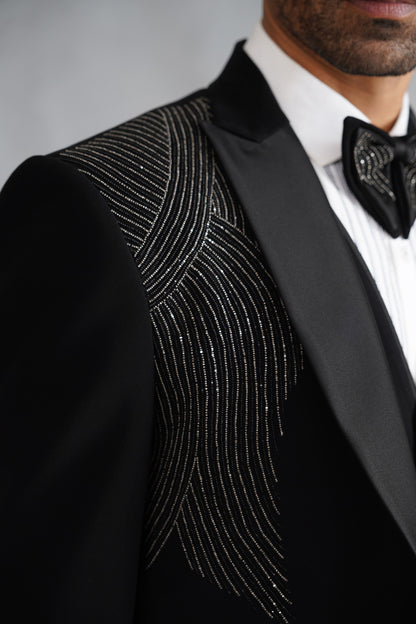 Black Hand Embroidered Tuxedo on Suiting Fabric