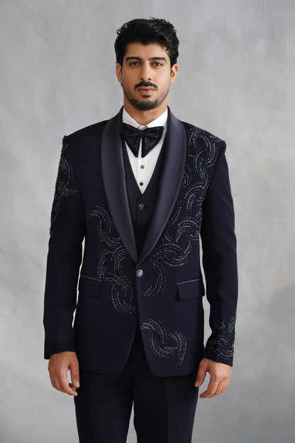 Navy Blue Hand Embroidered Tuxedo on Italian Fabric
