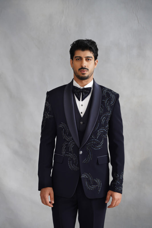 Navy Blue Hand Embroidered Tuxedo Set on Italian Fabric
