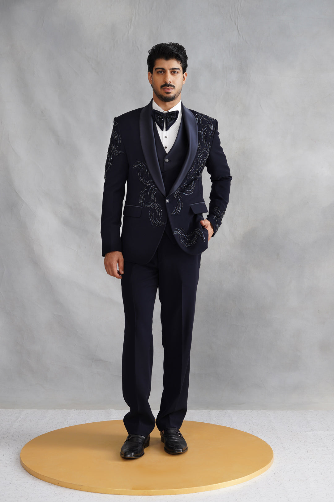 Navy Blue Hand Embroidered Tuxedo on Italian Fabric