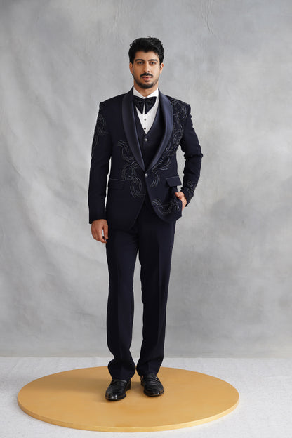 Navy Blue Hand Embroidered Tuxedo on Italian Fabric