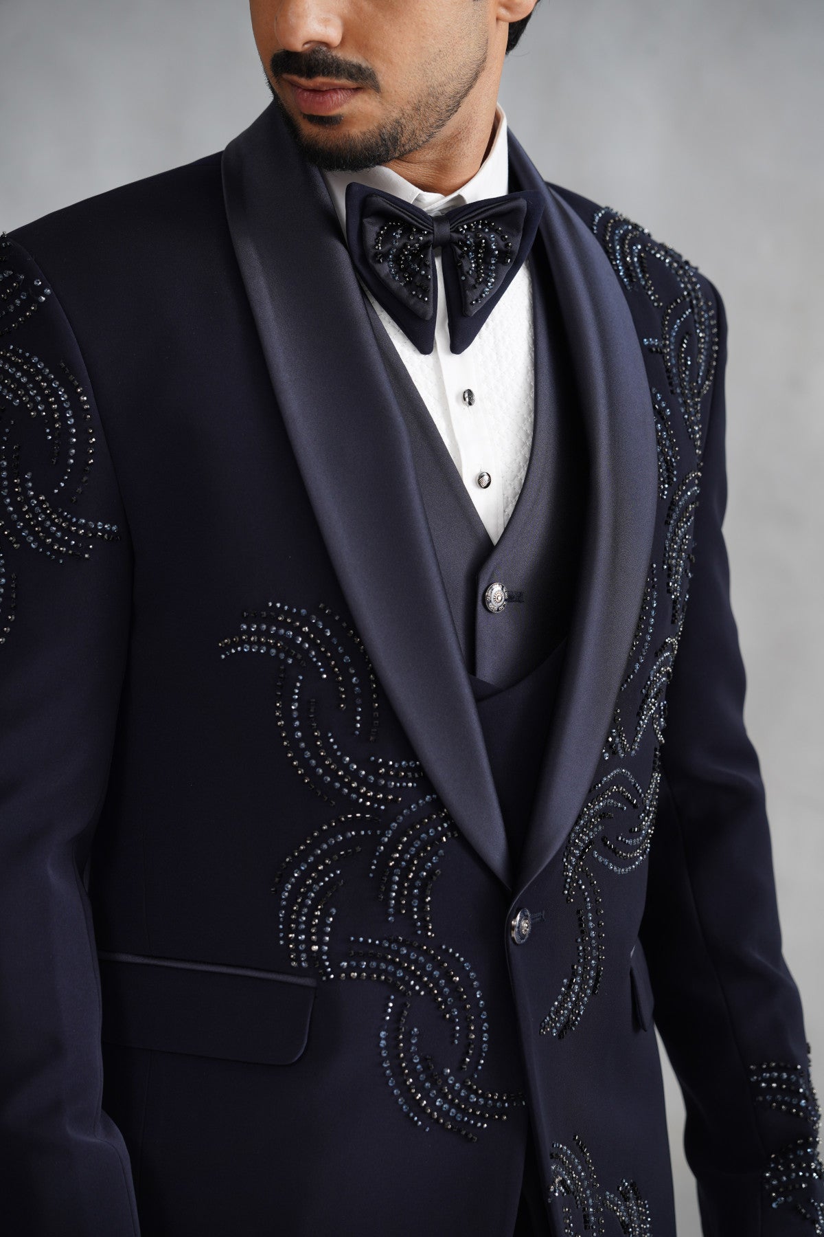 Navy Blue Tuxedo with Abstract Swirling Beadwork