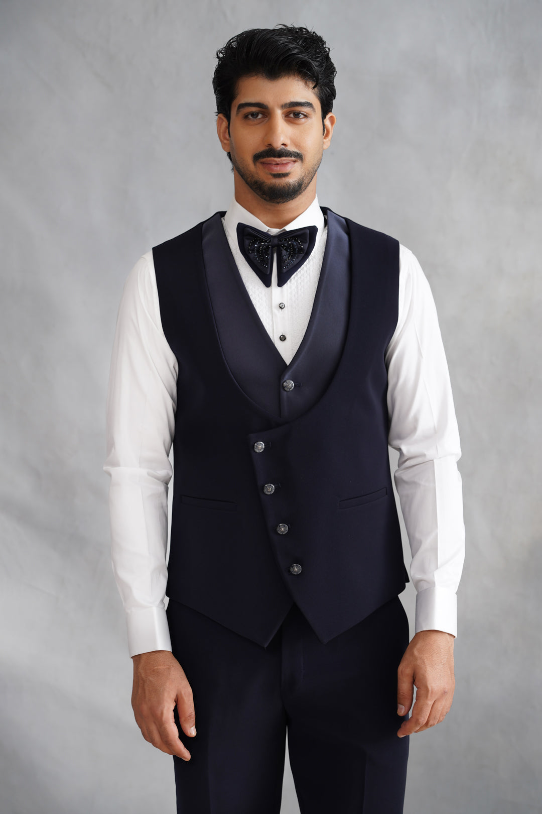 Navy Blue Hand Embroidered Tuxedo on Italian Fabric