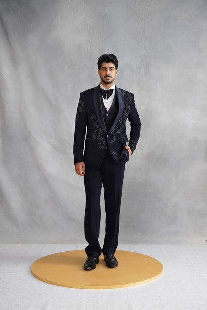 Navy Blue Tuxedo with Abstract Swirling Beadwork