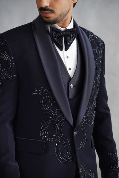 Navy Blue Hand Embroidered Tuxedo on Italian Fabric