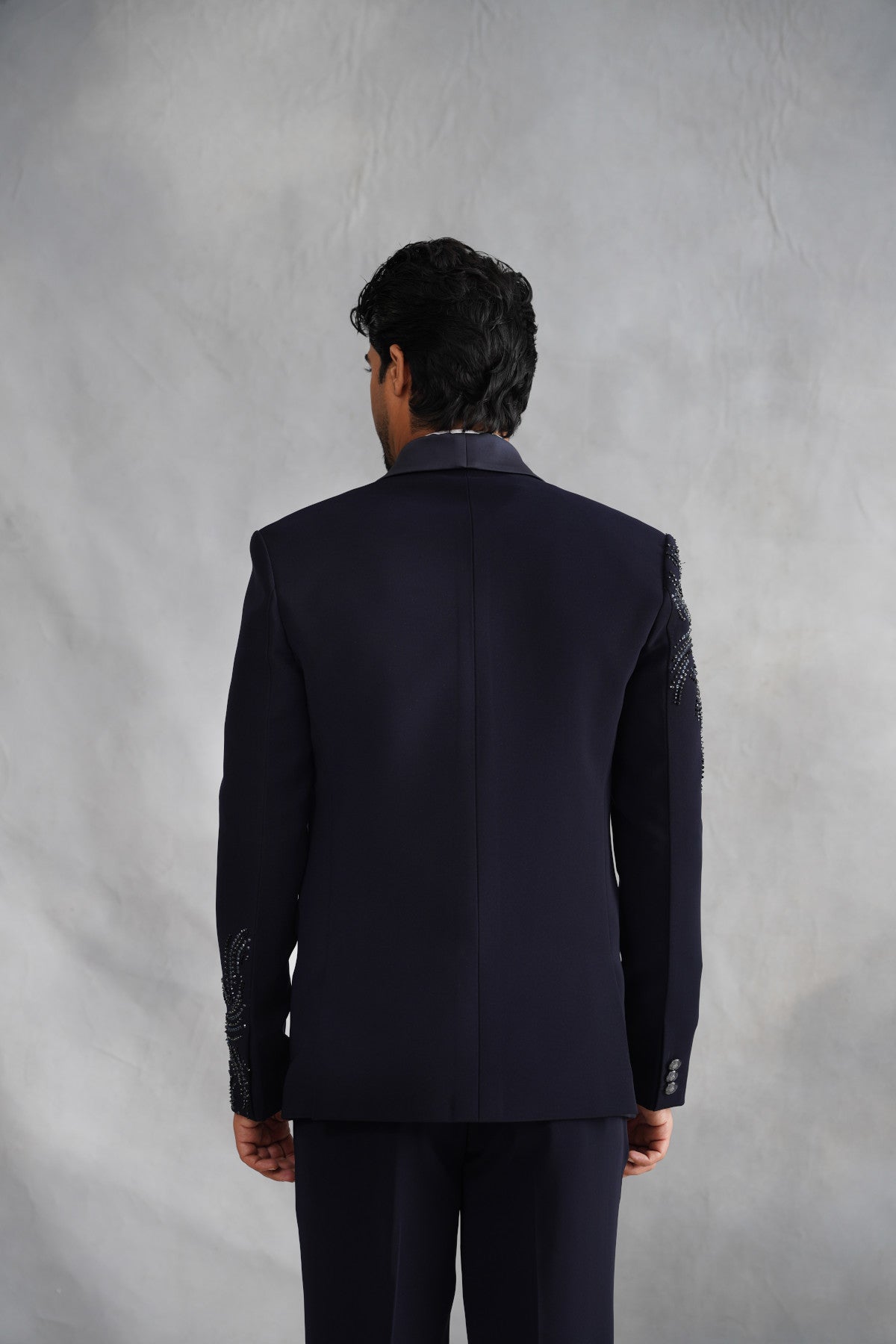 Navy Blue Tuxedo with Abstract Swirling Beadwork