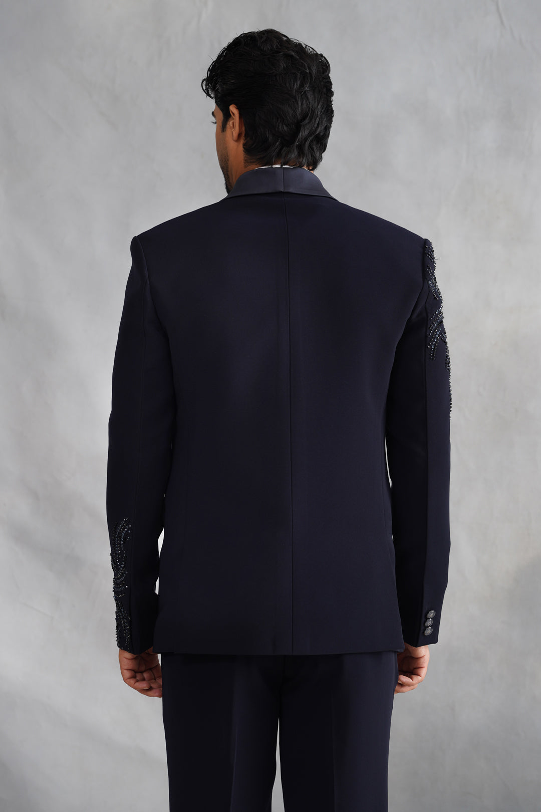 Navy Blue Hand Embroidered Tuxedo on Italian Fabric