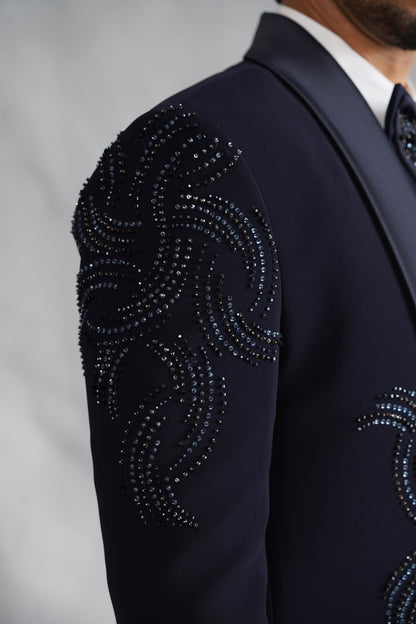 Navy Blue Hand Embroidered Tuxedo on Italian Fabric