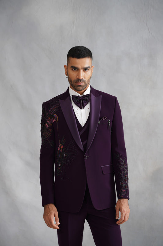 Purple Hand Embroidered Tuxedo Set on Italian Fabric