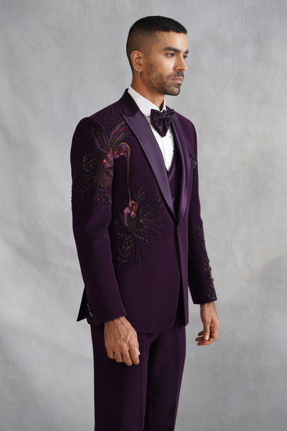 Purple Hand Embroidered Tuxedo on Italian Fabric