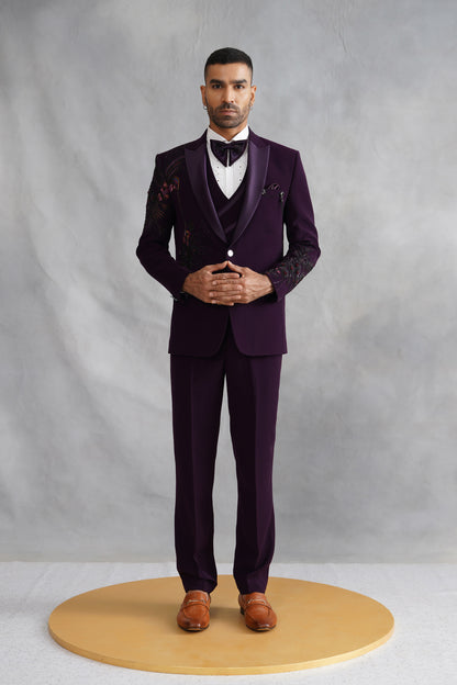 Purple Hand Embroidered Tuxedo on Italian Fabric