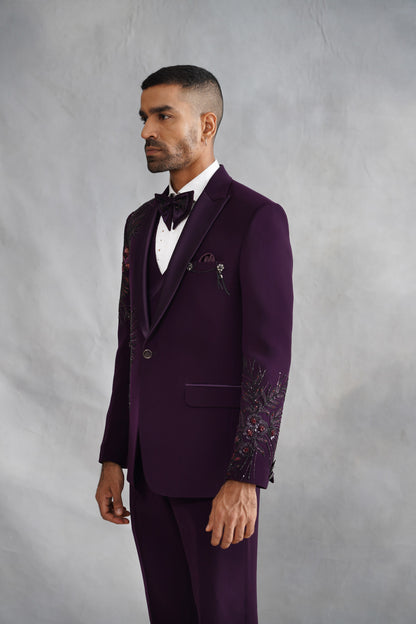 Purple Tuxedo with Botanical & Avian Embroidery