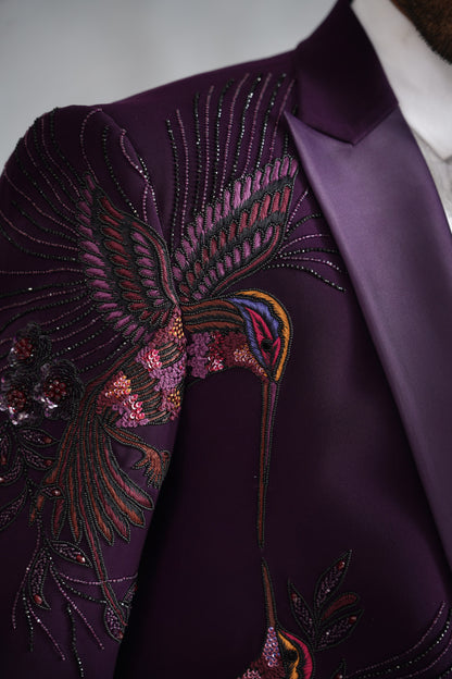Purple Tuxedo with Botanical & Avian Embroidery