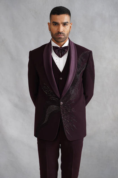 Wine Hand Embroidered Tuxedo on Italian Fabric