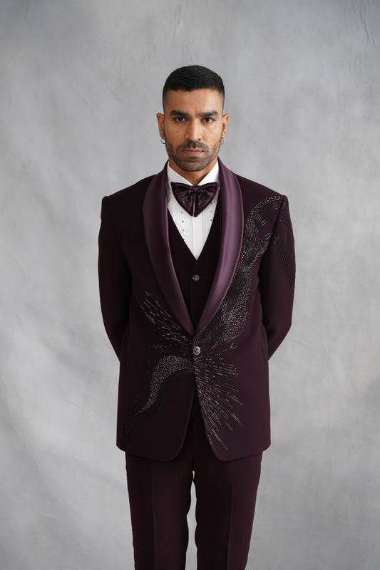 Wine Hand Embroidered Tuxedo Set on Italian Fabric