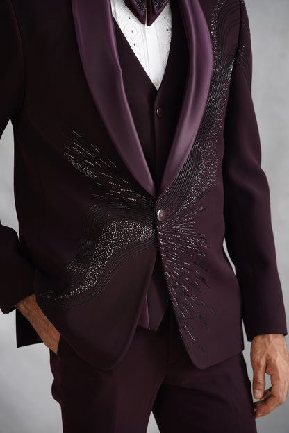 Wine Hand Embroidered Tuxedo on Italian Fabric