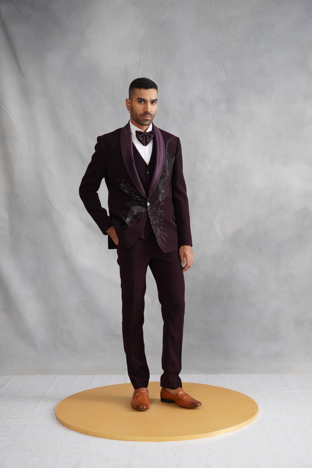 Wine Tuxedo with Sweeping Abstract Beadwork