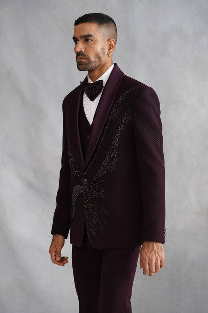 Wine Hand Embroidered Tuxedo on Italian Fabric