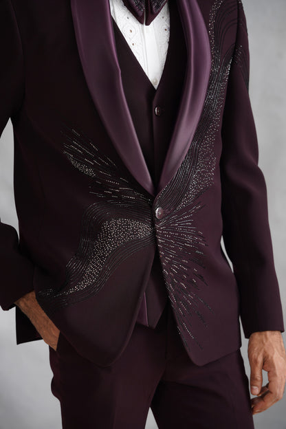 Wine Tuxedo with Sweeping Abstract Beadwork