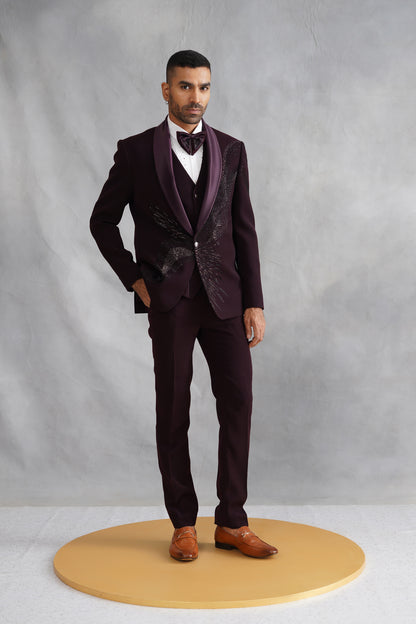 Wine Hand Embroidered Tuxedo on Italian Fabric