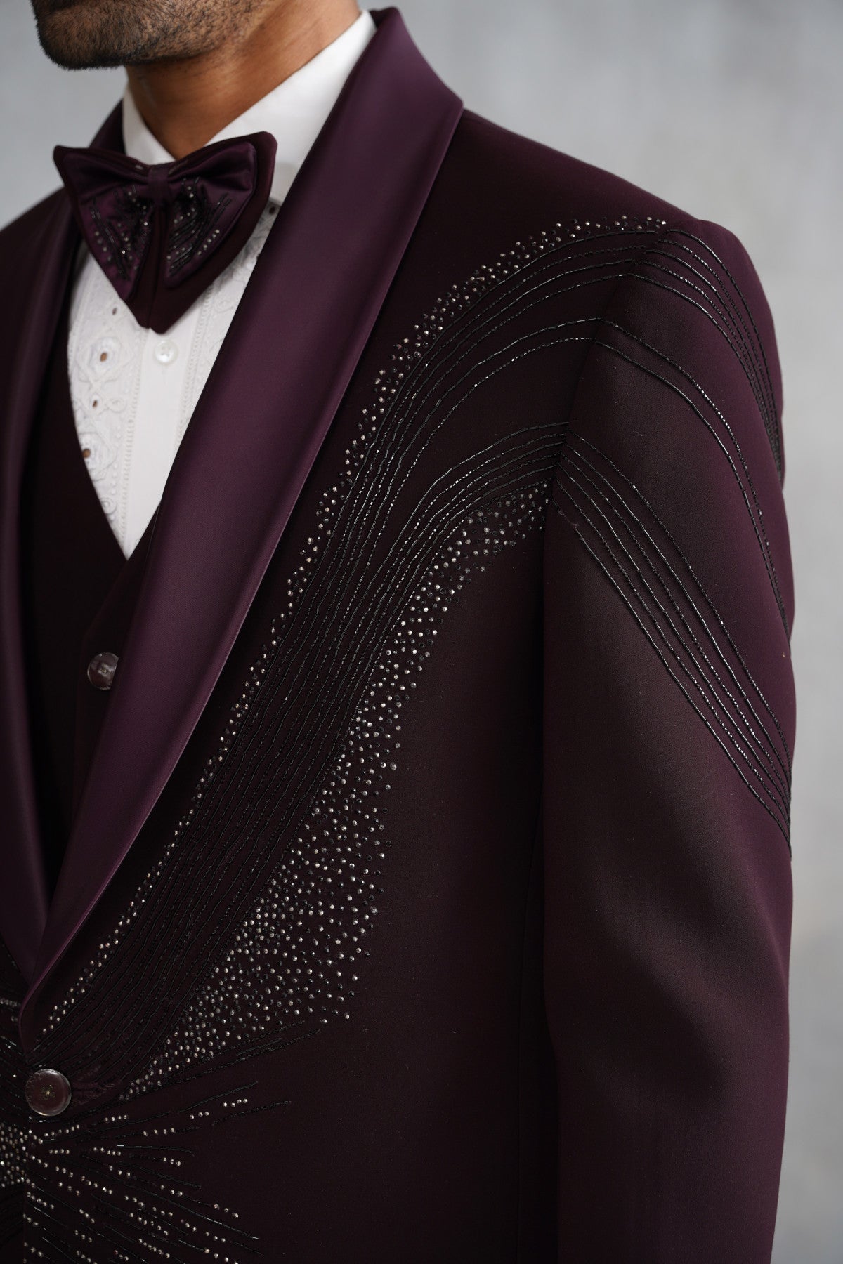 Wine Tuxedo with Sweeping Abstract Beadwork